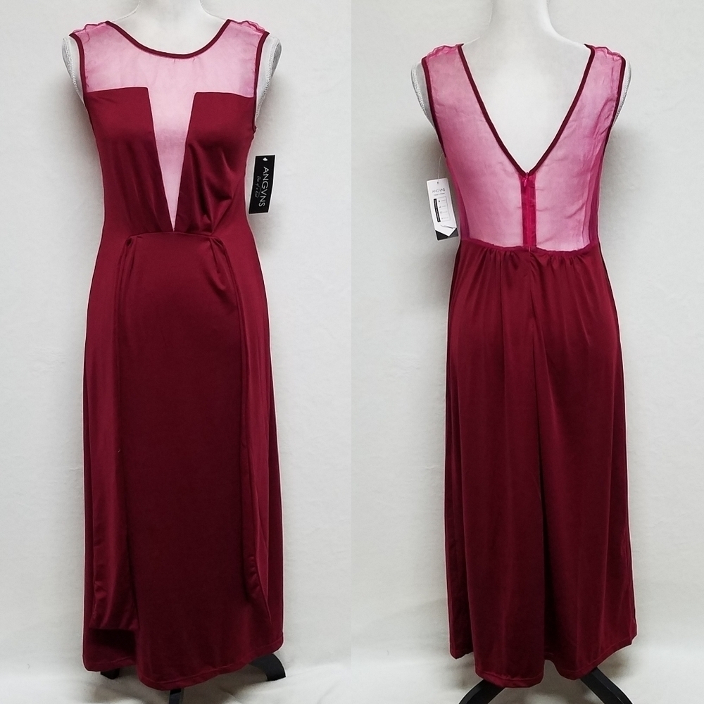 Angvns Burgundy Mesh Plunging Neckline Tie-Waist Sleeveless Midi Dress